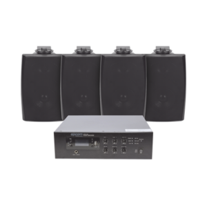 KIT de Amplificador de 120W para Escritorio | 4 Altavoces de Pared color Negro 2.5W - 20W | Sistema 70/100V